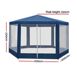 Angled view of the navy six sided gazebo showing the peaked polyester roof