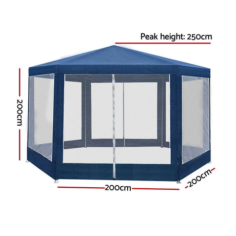 Angled view of the navy six sided gazebo showing the peaked polyester roof