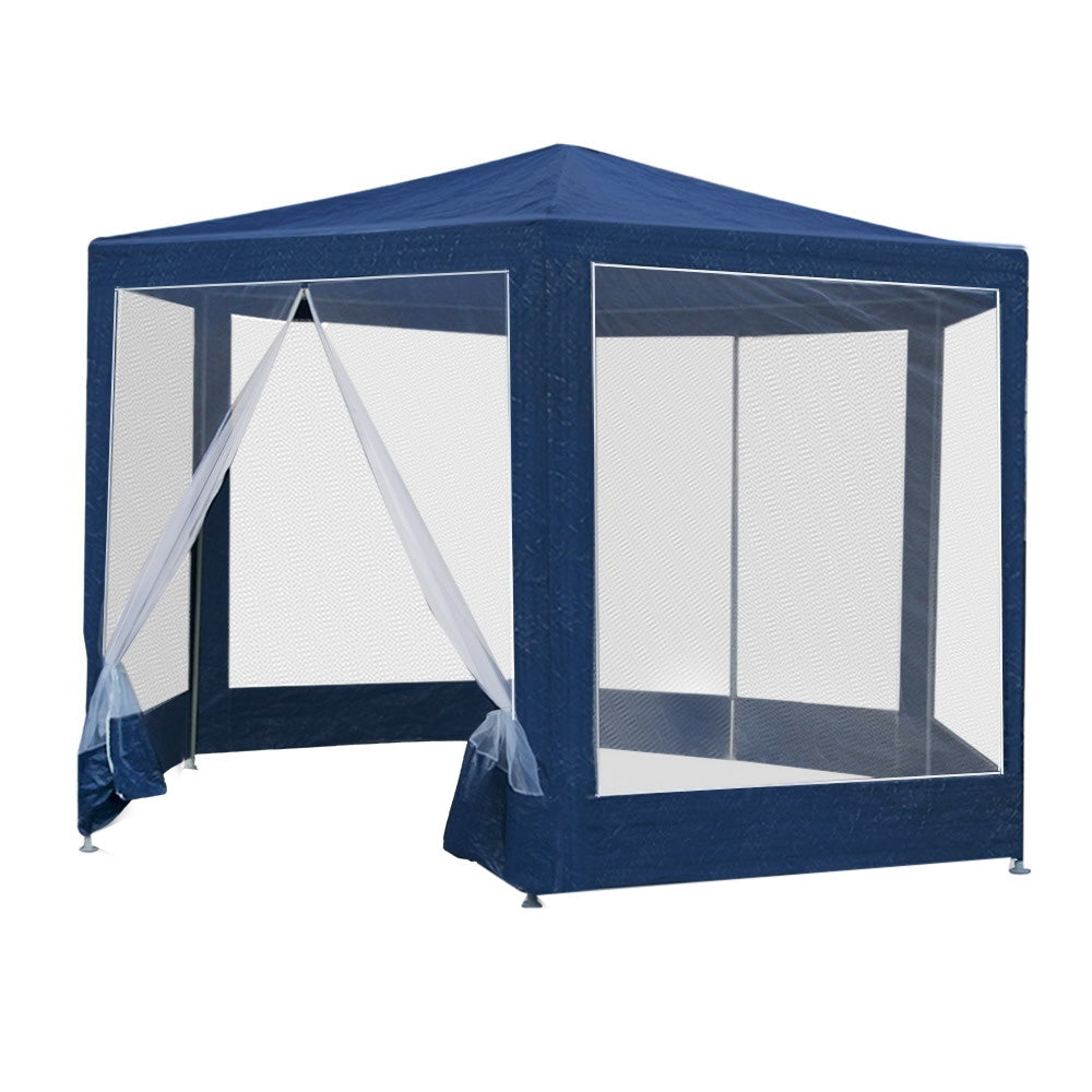 Close up of the zipped entrance on the navy hexagonal marquee tent
