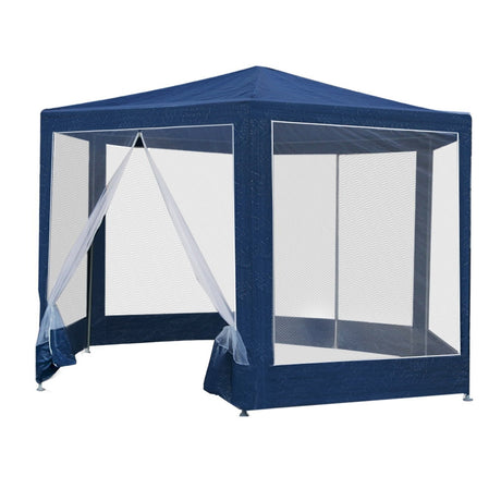Close up of the zipped entrance on the navy hexagonal marquee tent