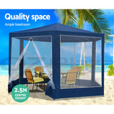 Fly proof mesh wall panel and zip detail on the navy gazebo