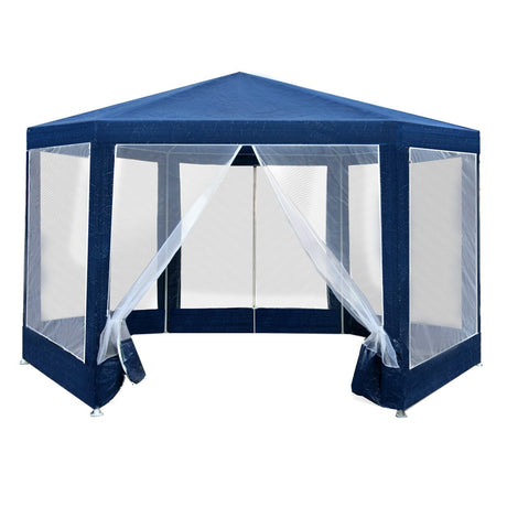 Navy hexagonal gazebo viewed from a distance with all six mesh sides closed