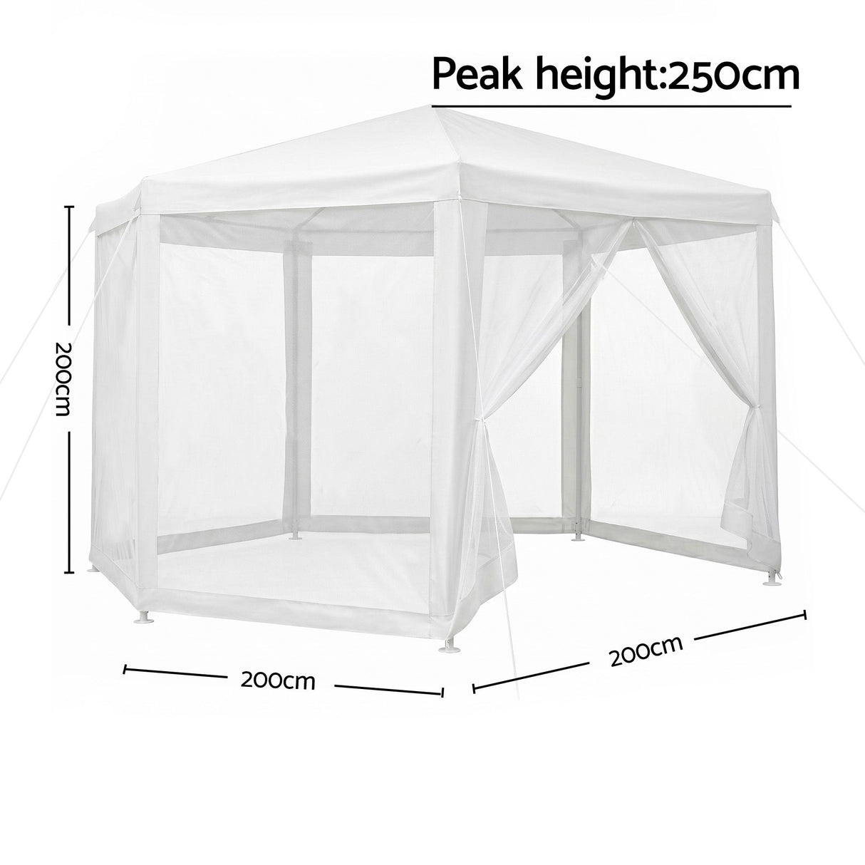 Angled view of the six sided gazebo showing the peaked polyester roof