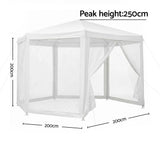 Angled view of the six sided gazebo showing the peaked polyester roof