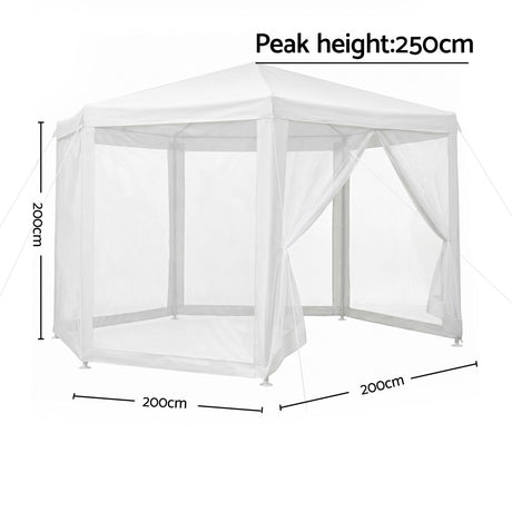 Angled view of the six sided gazebo showing the peaked polyester roof