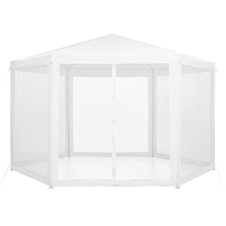 Close up of the zipped entrance on the white hexagonal marquee