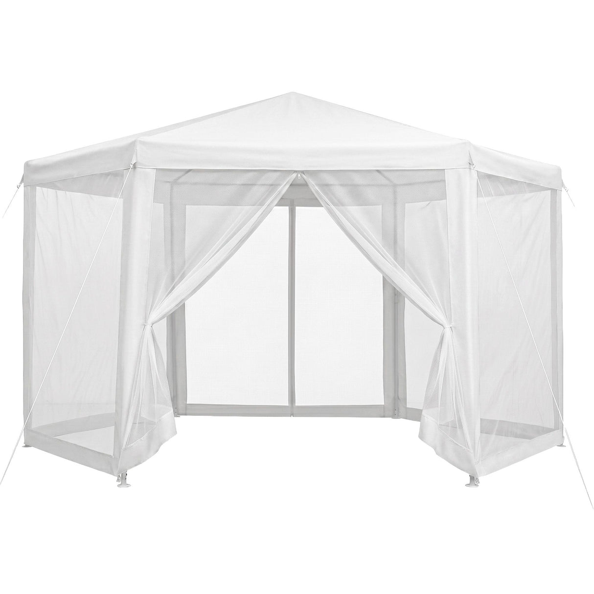 Gazebo frame, roof and mesh wall set laid out before assembly
