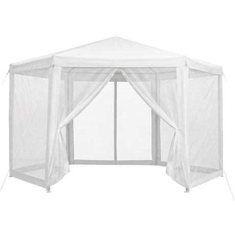 Gazebo frame, roof and mesh wall set laid out before assembly
