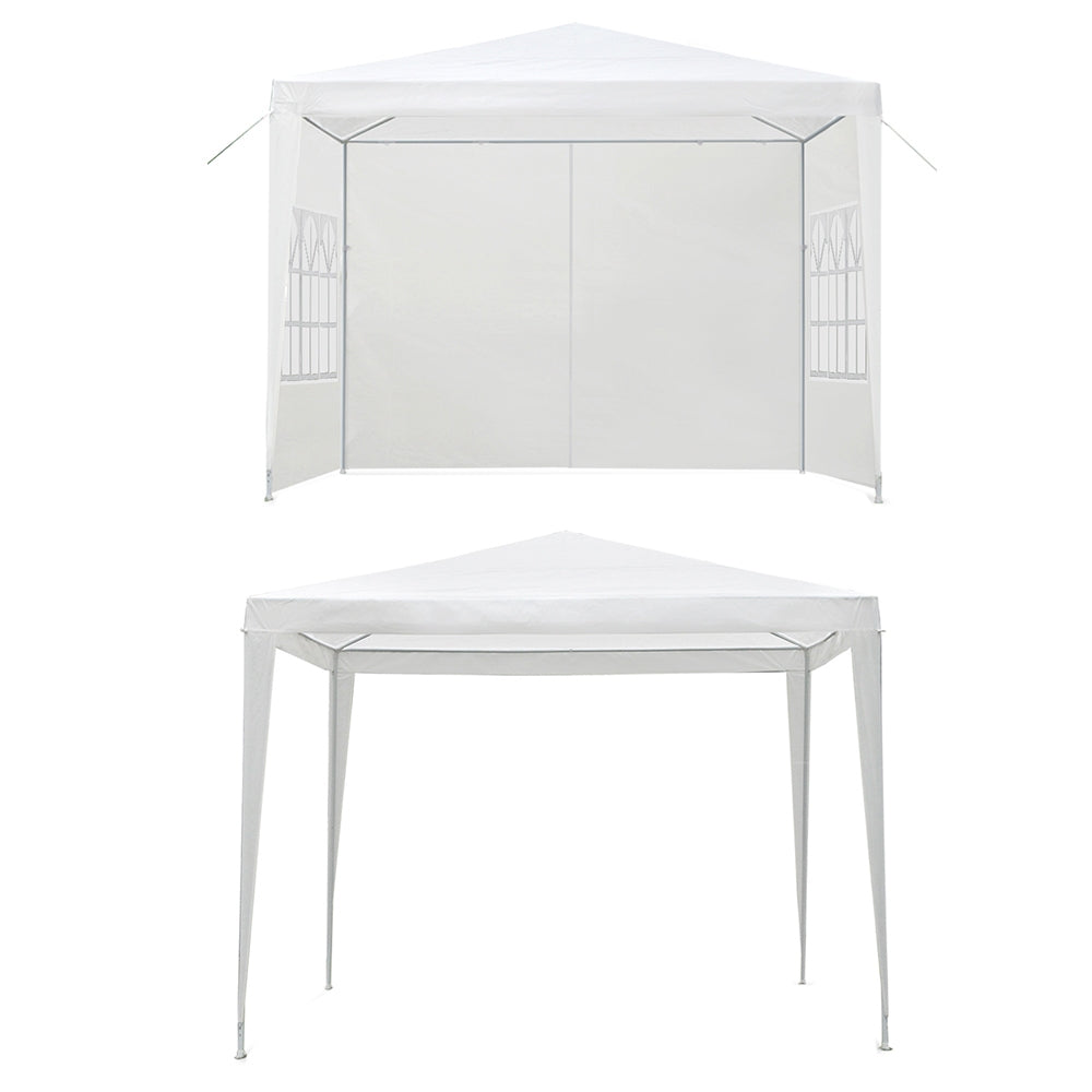 Side view of the white gazebo showing a clear window panel in the side wall