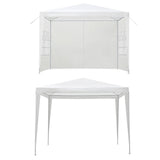 Side view of the white gazebo showing a clear window panel in the side wall
