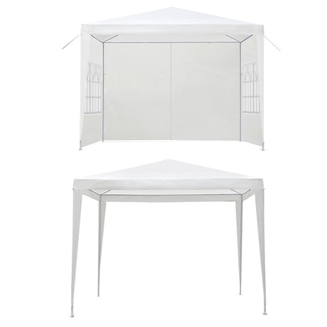 Side view of the white gazebo showing a clear window panel in the side wall