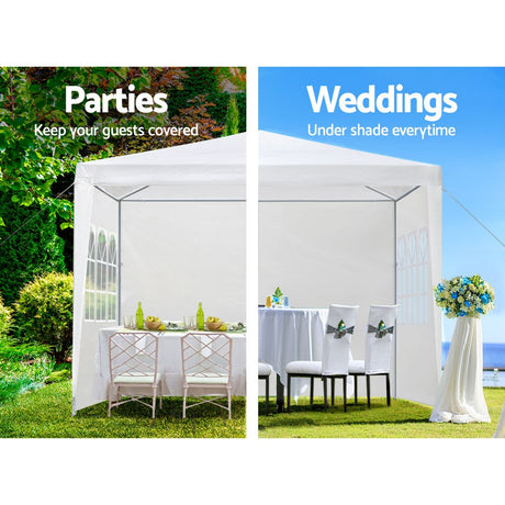 White gazebo with walls removed showing the powder coated steel frame and canopy