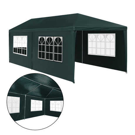 Side view of the green 3 x 6 m gazebo showing the clear window panels