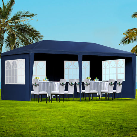 Blue 3 x 6 m marquee gazebo fully enclosed with six side panels fitted