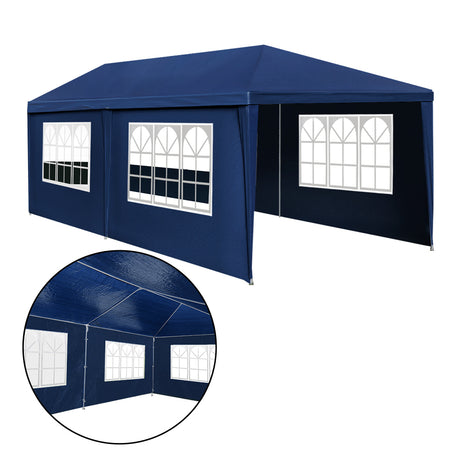 Blue gazebo with the zip door panel open showing the interior space