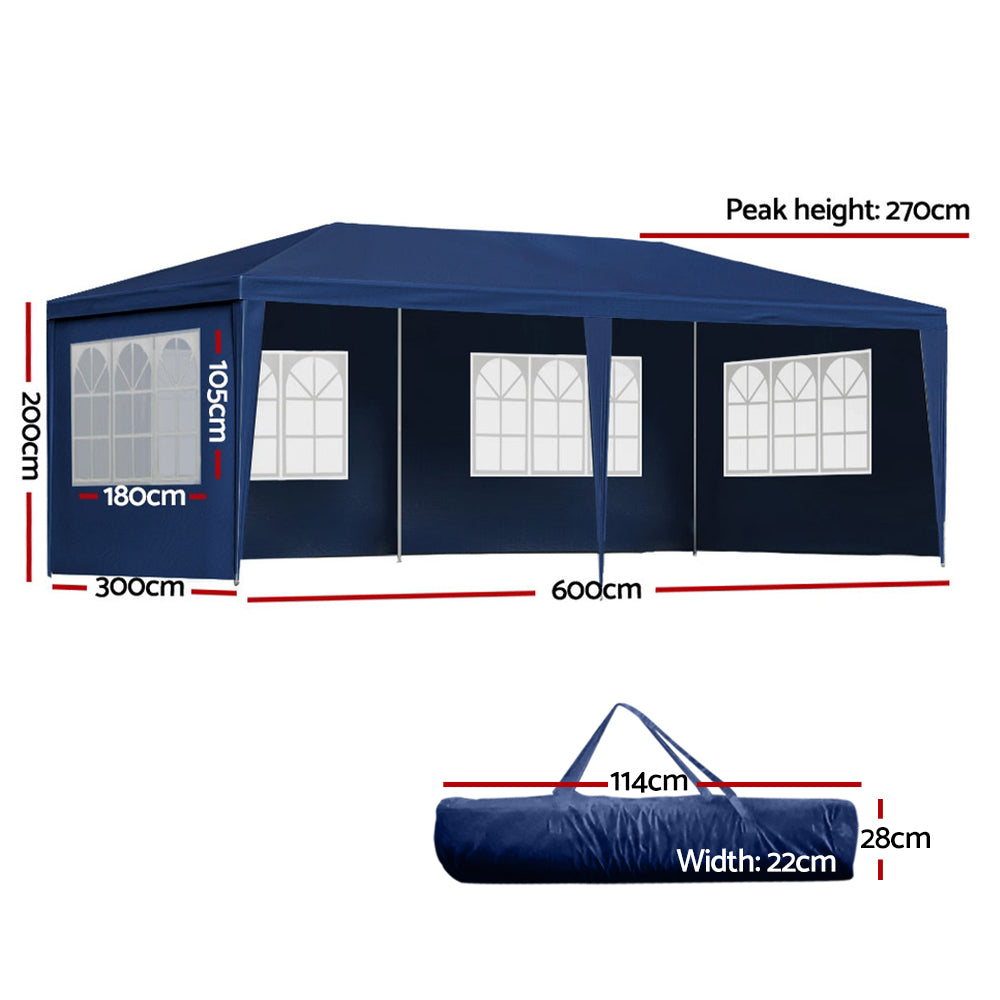 Side view of the blue 3 x 6 m gazebo showing the clear window panels