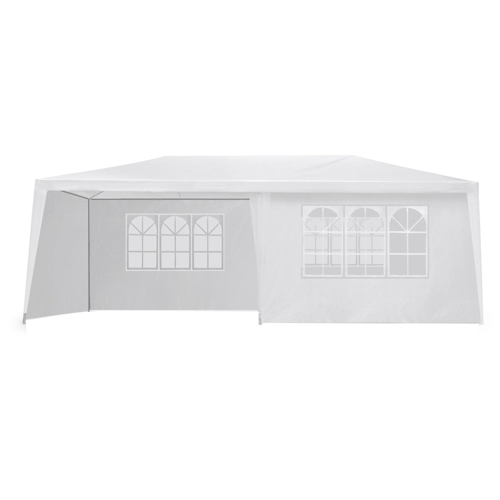 Side view of the white 3 x 6 m gazebo showing the clear window panels