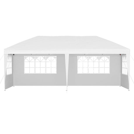 Close up of a removable side wall panel and its window on the white gazebo