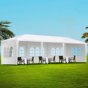 White 3 x 9 m marquee gazebo with five window side walls fitted