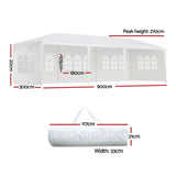Angled view of the white 3 x 9 m party marquee with window panels