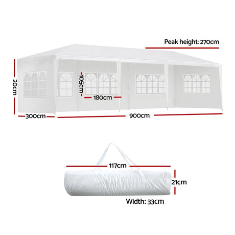 Angled view of the white 3 x 9 m party marquee with window panels