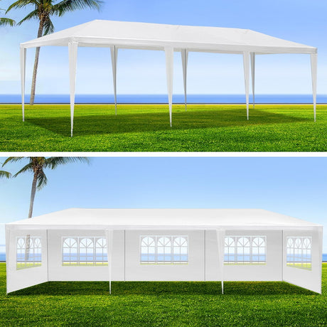 Interior of the white 3 x 9 m marquee showing roof struts and headroom