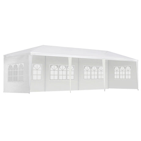 Carry bag, ropes and pegs included with the white 3 x 9 m marquee