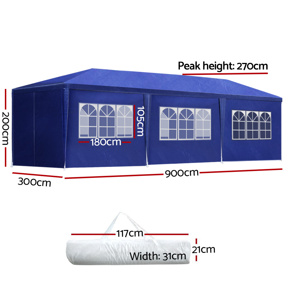 Angled view of the blue 3 x 9 m party marquee with window walls
