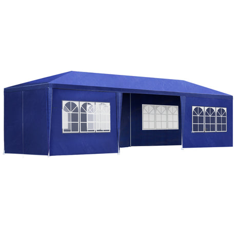 Carry bag, ropes and pegs included with the blue 3 x 9 m marquee
