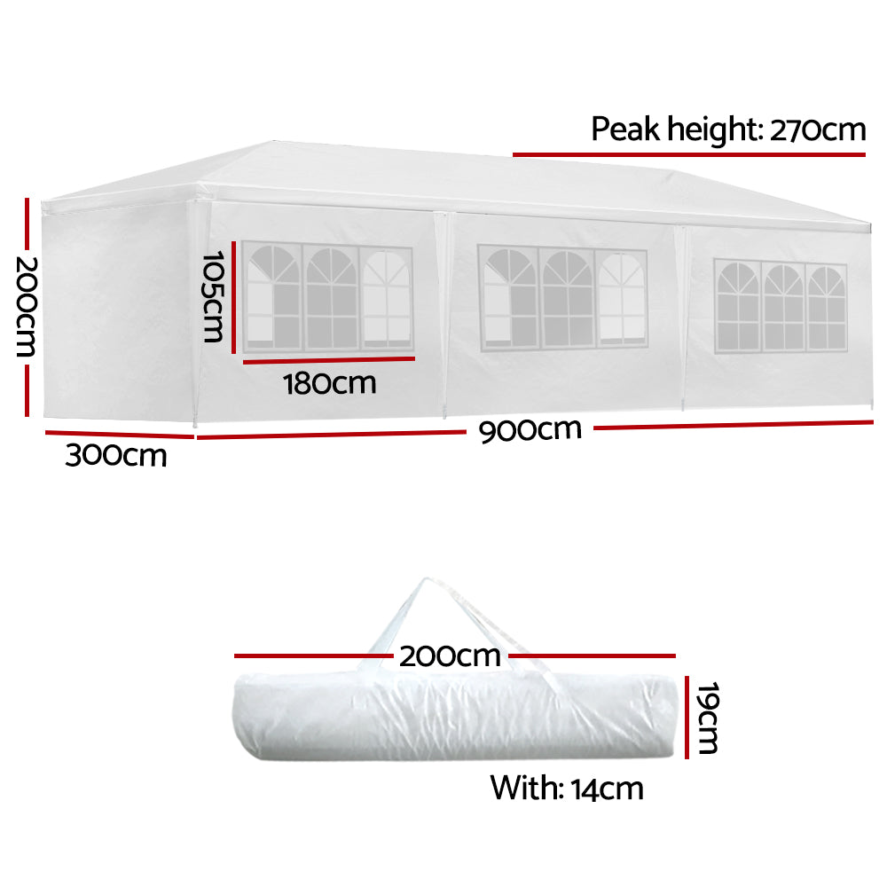 Angled view of the white 3 x 9 m party marquee with window walls