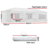 Angled view of the white 3 x 9 m party marquee with window walls