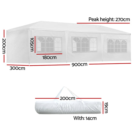 Angled view of the white 3 x 9 m party marquee with window walls
