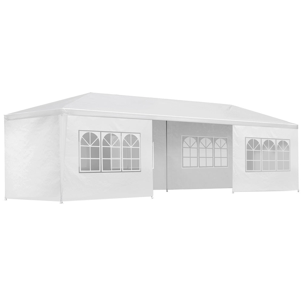 Carry bag, ropes and pegs included with the white 3 x 9 m marquee