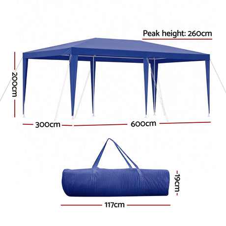 Blue marquee gazebo shading an outdoor event seating area