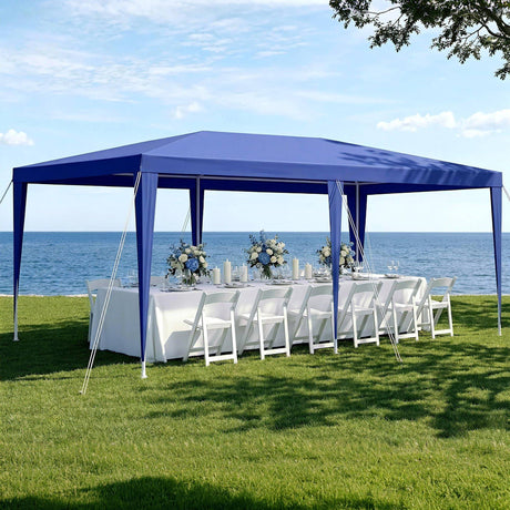 Blue wedding gazebo used as shade cover at an outdoor gathering