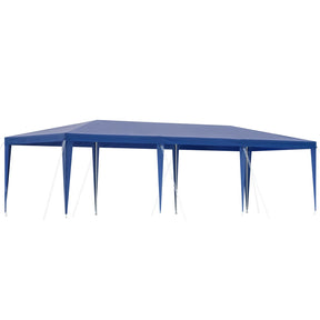 Blue 3 x 9 m wedding marquee gazebo with open sides set up outdoors