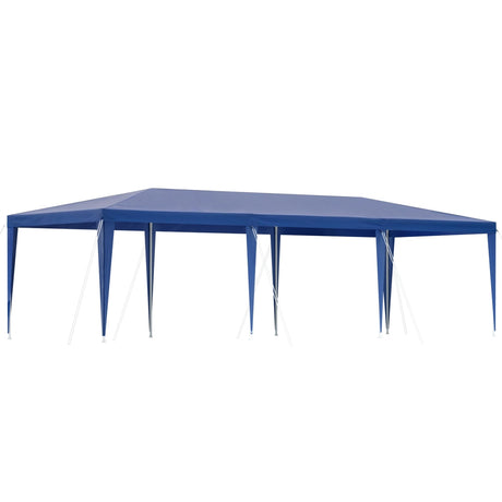 Blue 3 x 9 m wedding marquee gazebo with open sides set up outdoors