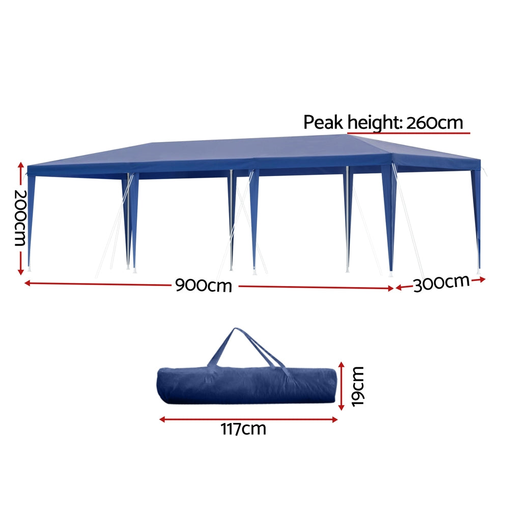 Angled view of the blue 3 x 9 m party marquee and its steel legs