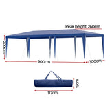 Angled view of the blue 3 x 9 m party marquee and its steel legs
