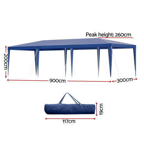 Angled view of the blue 3 x 9 m party marquee and its steel legs