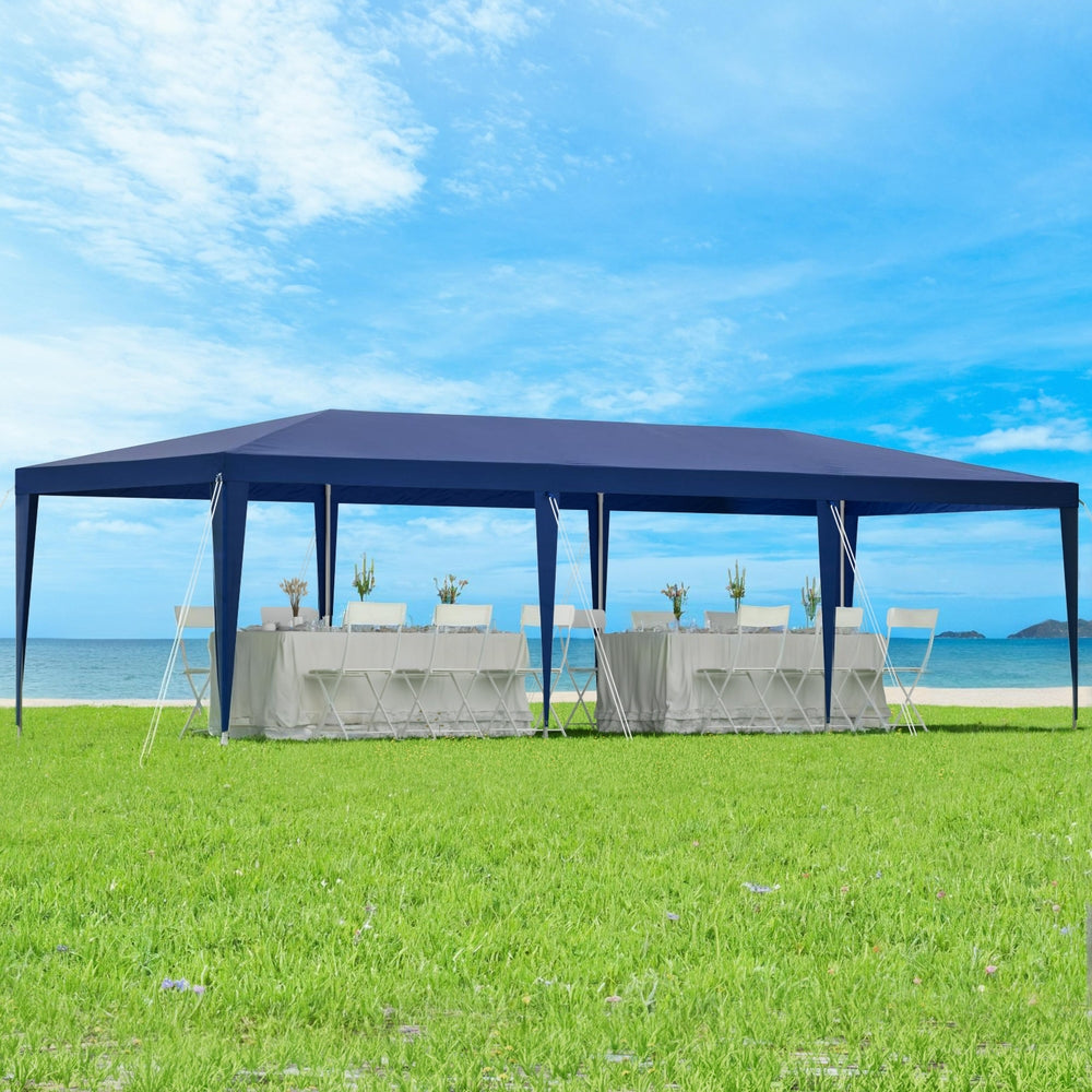 Blue 3 x 9 m wedding party marquee tent shown in full