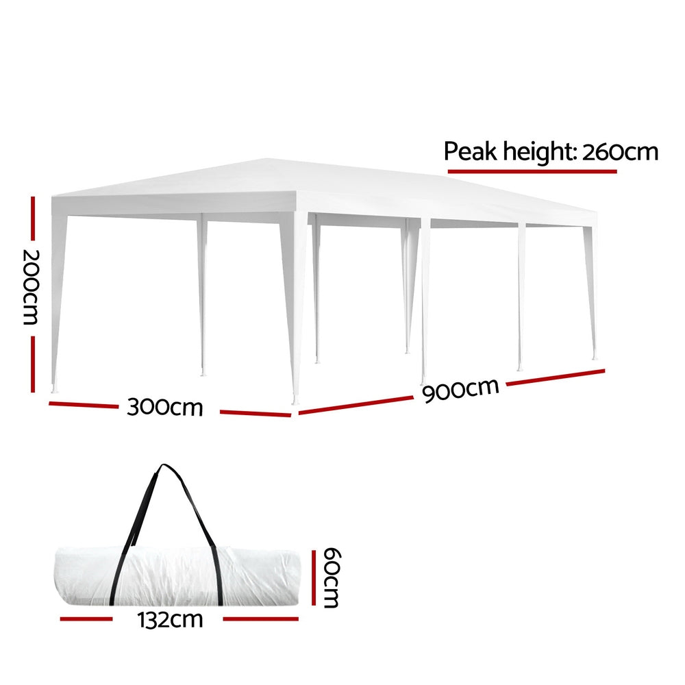 Side view of the white 3 x 9 m party marquee showing its steel leg frame