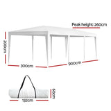 Side view of the white 3 x 9 m party marquee showing its steel leg frame