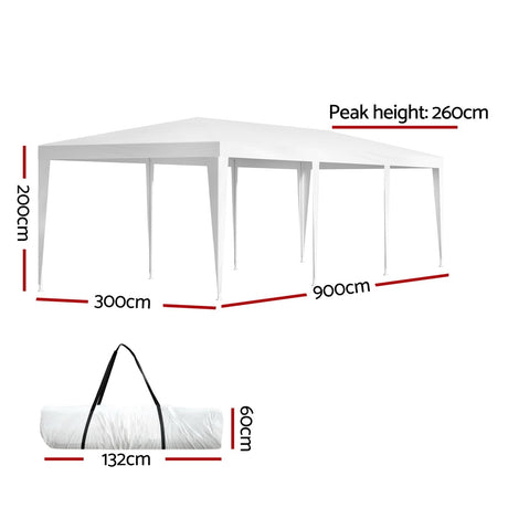 Side view of the white 3 x 9 m party marquee showing its steel leg frame