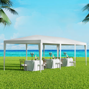 White 3 x 9 m wedding marquee gazebo with open sides set up outdoors