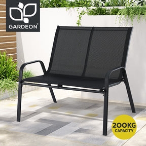 Plantation Point steel outdoor bench seating two with Textilene fabric in a garden