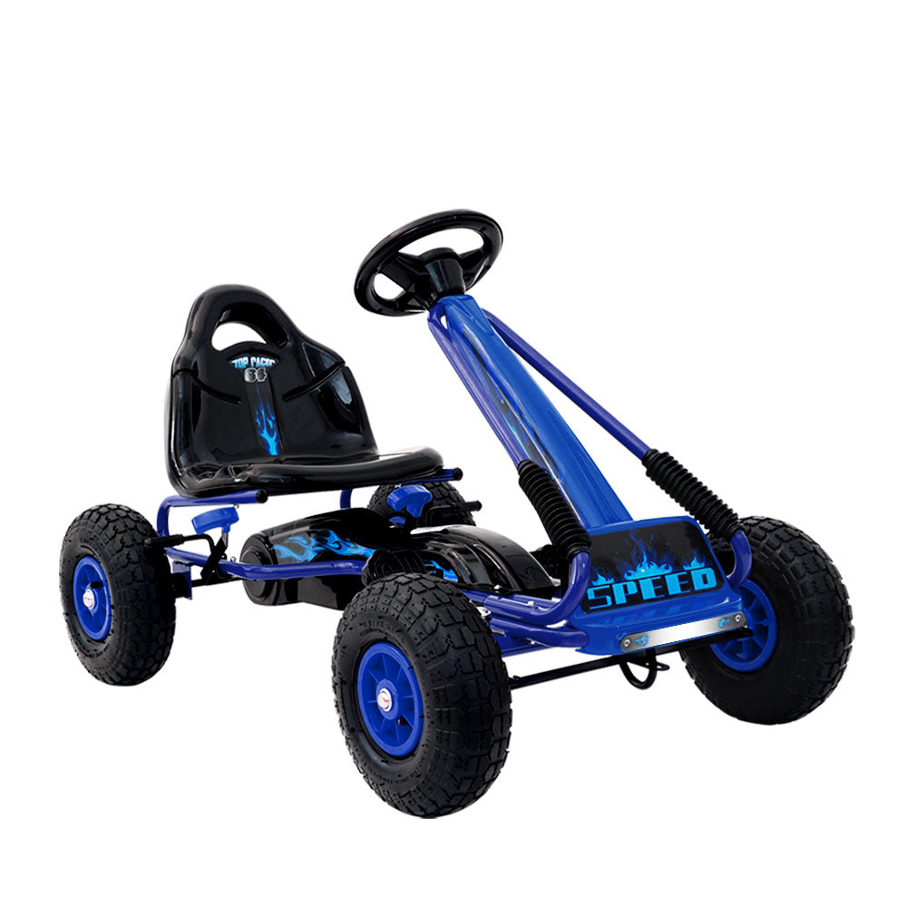 Blue racing style pedal go kart for kids with rubber tyres