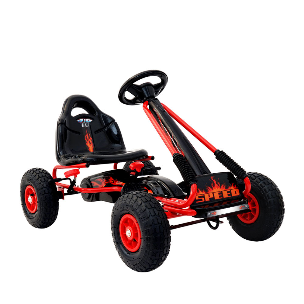 Red racing style pedal go kart for kids with rubber tyres