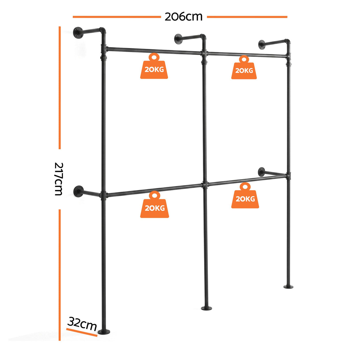 Ocean Grove Industrial Wall Mounted Clothes Rack, Black