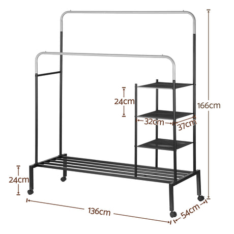 Portarlington Double Rod Clothes Rack, Silver and Black